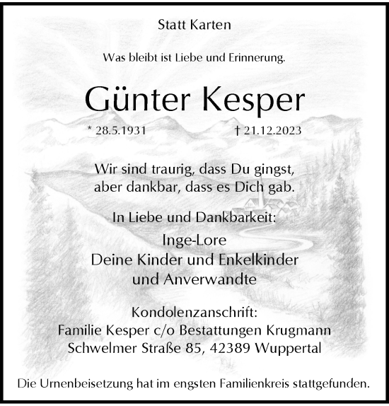 Traueranzeige von Günter Kesper von trauer.wuppertaler-rundschau.de