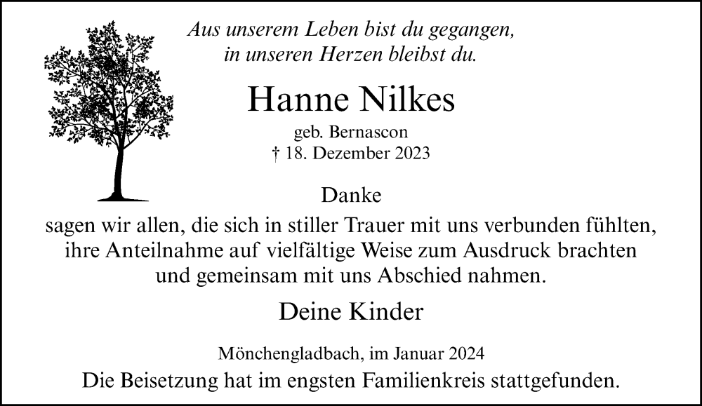  Traueranzeige für Hanne Nilkes vom 28.01.2024 aus trauer.extra-tipp-moenchengladbach.de