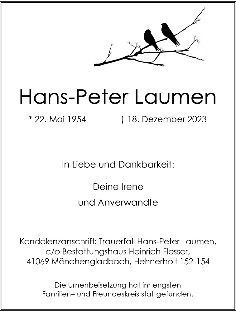  Traueranzeige für Hans-Peter Laumen vom 14.01.2024 aus trauer.extra-tipp-moenchengladbach.de