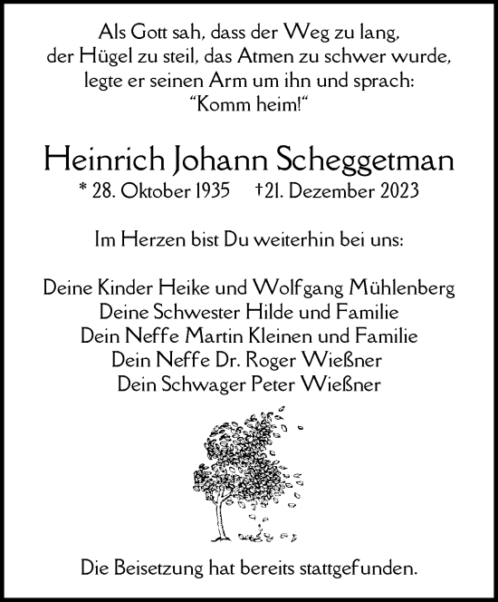 Traueranzeige von Heinrich Johann Scheggetman von trauer.wuppertaler-rundschau.de