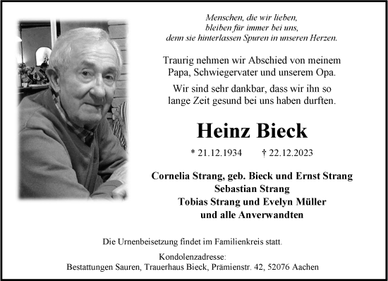 Traueranzeige von Heinz Bieck von trauer.wuppertaler-rundschau.de