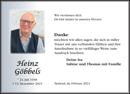 Traueranzeige von Heinz Göbbels von trauer.extra-tipp-moenchengladbach.de