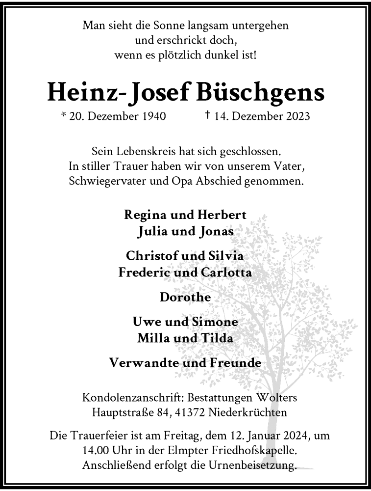  Traueranzeige für Heinz- Josef Büschgens vom 07.01.2024 aus trauer.extra-tipp-moenchengladbach.de