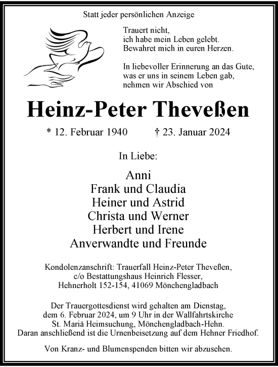 Traueranzeige von Heinz-Peter Theveßen von trauer.extra-tipp-moenchengladbach.de