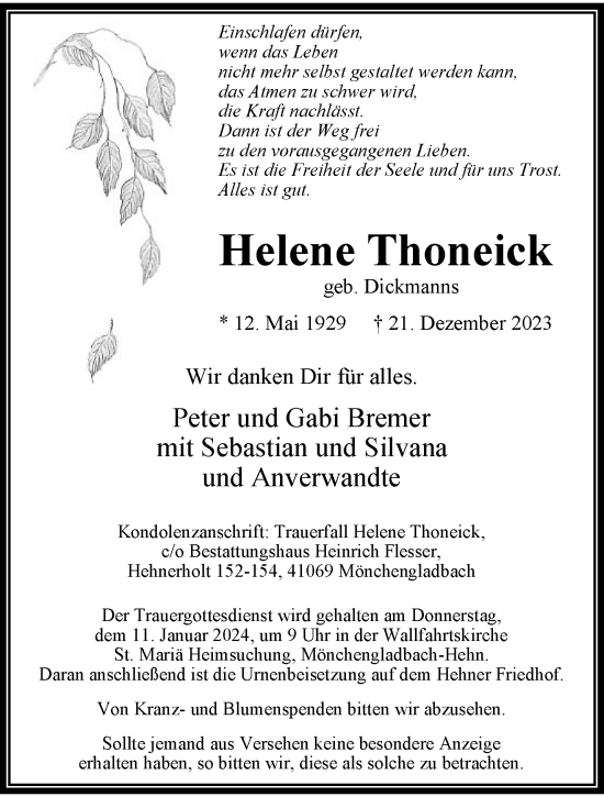 Traueranzeige von Helene Thoneick von trauer.extra-tipp-moenchengladbach.de