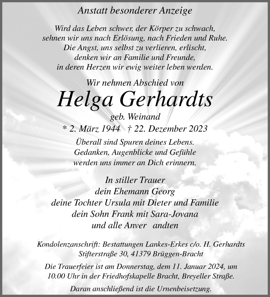  Traueranzeige für Helga Gerhardts vom 07.01.2024 aus trauer.extra-tipp-moenchengladbach.de