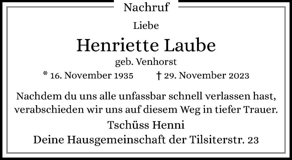  Traueranzeige für Henriette Laube vom 07.01.2024 aus trauer.extra-tipp-moenchengladbach.de