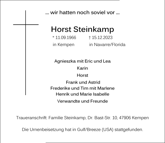 Traueranzeige von Horst Steinkamp von trauer.extra-tipp-moenchengladbach.de