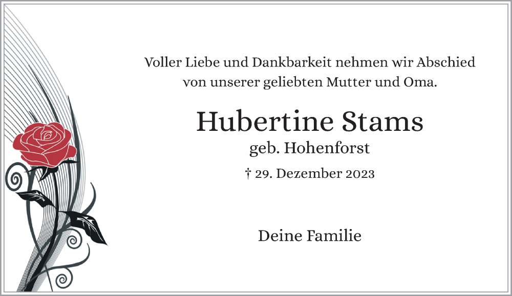  Traueranzeige für Hubertine Stams vom 07.01.2024 aus trauer.extra-tipp-moenchengladbach.de