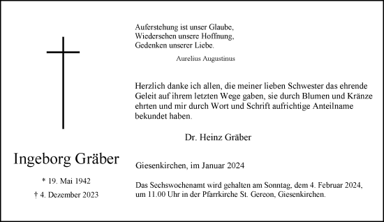 Traueranzeige von Ingeborg Gräber von trauer.extra-tipp-moenchengladbach.de