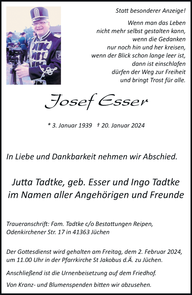  Traueranzeige für Josef Esser vom 27.01.2024 aus trauer.stadt-kurier.de