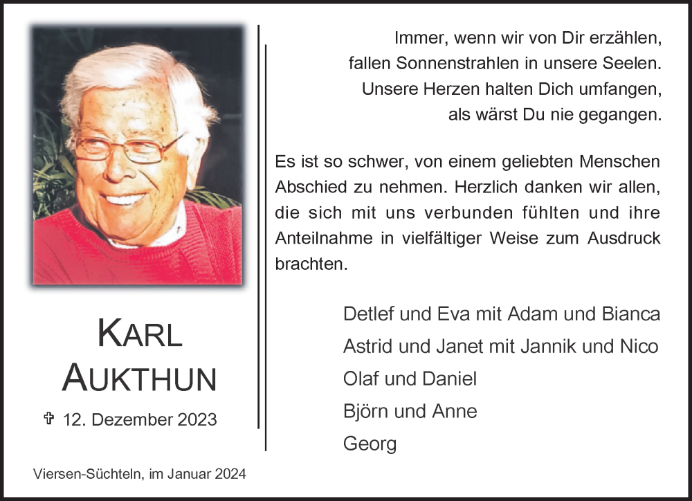  Traueranzeige für Karl Aukthun vom 14.01.2024 aus trauer.extra-tipp-moenchengladbach.de