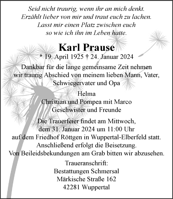 Traueranzeige von Karl Prause von trauer.wuppertaler-rundschau.de