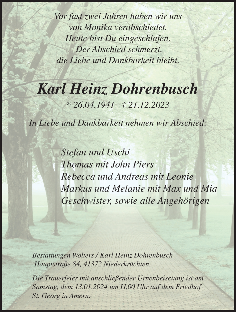  Traueranzeige für Karl Heinz Dohrenbusch vom 07.01.2024 aus trauer.extra-tipp-moenchengladbach.de
