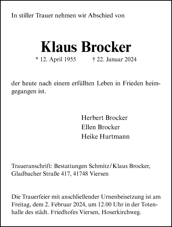 Traueranzeige von Klaus Brocker von trauer.extra-tipp-moenchengladbach.de