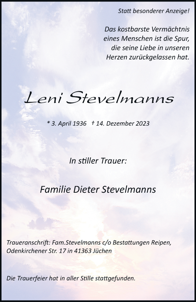  Traueranzeige für Leni Stevelmanns vom 13.01.2024 aus trauer.stadt-kurier.de
