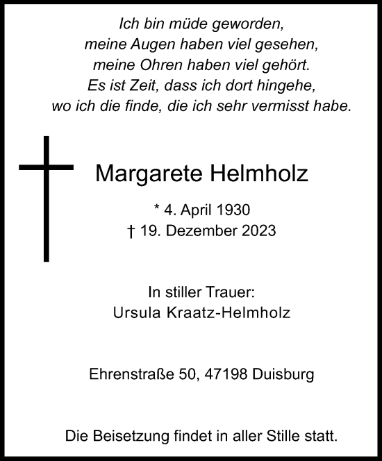 Traueranzeige von Margarete Helmholz von trauer.extra-tipp-moenchengladbach.de