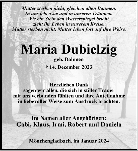 Traueranzeige von Maria Dubielzig von trauer.extra-tipp-moenchengladbach.de