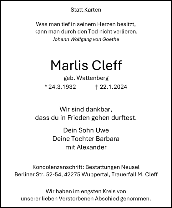 Traueranzeige von Marlis Cleff von trauer.wuppertaler-rundschau.de