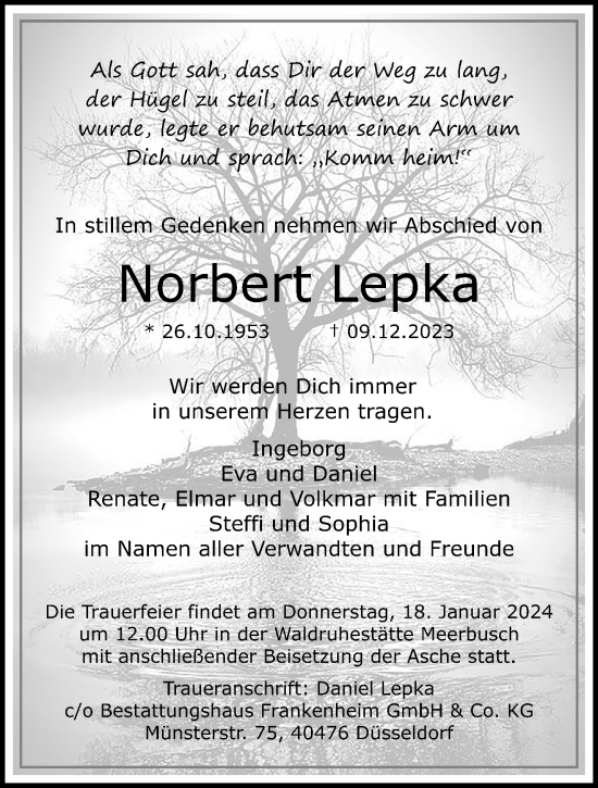 Traueranzeige von Norbert Lepka von trauer.extra-tipp-moenchengladbach.de