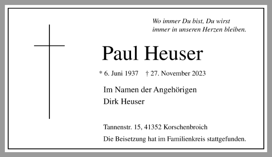 Traueranzeige von Paul Heuser von trauer.extra-tipp-moenchengladbach.de