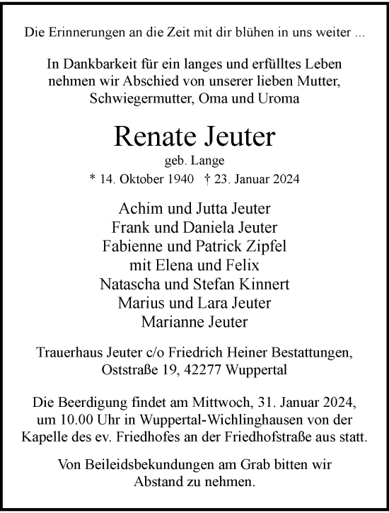 Traueranzeige von Renate Jeuter von trauer.wuppertaler-rundschau.de