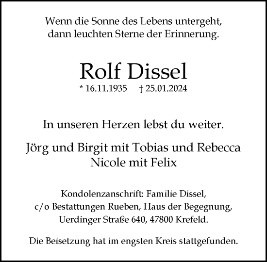 Traueranzeige von Rolf Dissel von trauer.extra-tipp-moenchengladbach.de