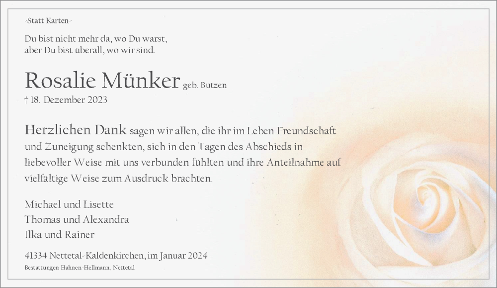  Traueranzeige für Rosalie Münker vom 14.01.2024 aus trauer.extra-tipp-moenchengladbach.de