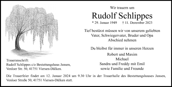 Traueranzeige von Rudolf Schlippes von trauer.extra-tipp-moenchengladbach.de