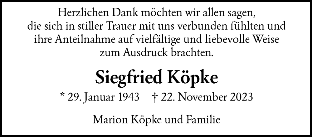  Traueranzeige für Siegfried Köpke vom 20.01.2024 aus trauer.wuppertaler-rundschau.de