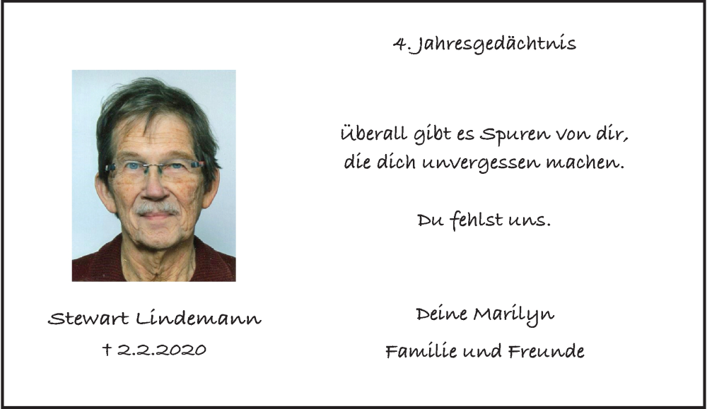  Traueranzeige für Stewart Lindemann vom 03.02.2024 aus trauer.wuppertaler-rundschau.de