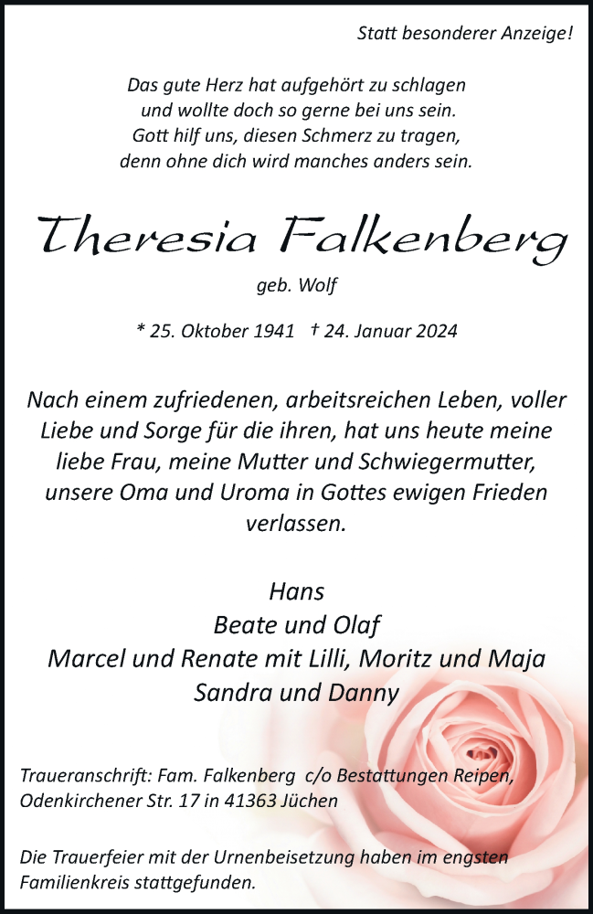  Traueranzeige für Theresia Falkenberg vom 10.02.2024 aus trauer.stadt-kurier.de