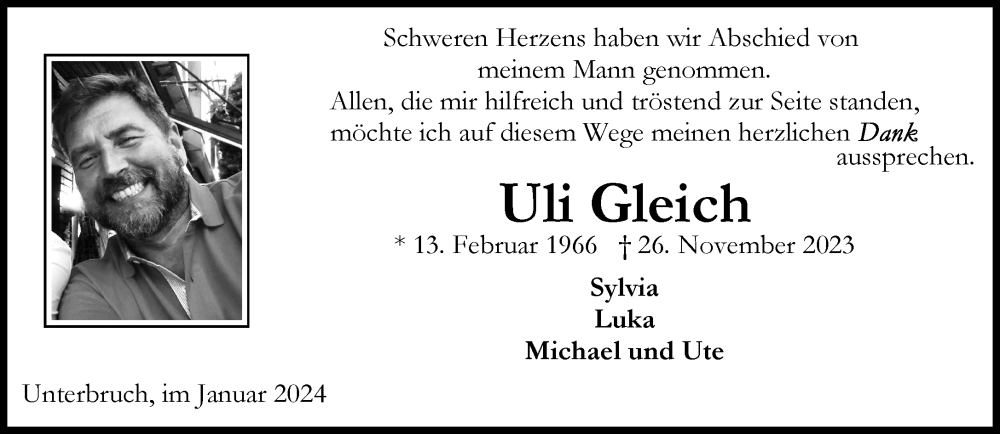  Traueranzeige für Uli Gleich vom 14.01.2024 aus trauer.extra-tipp-moenchengladbach.de