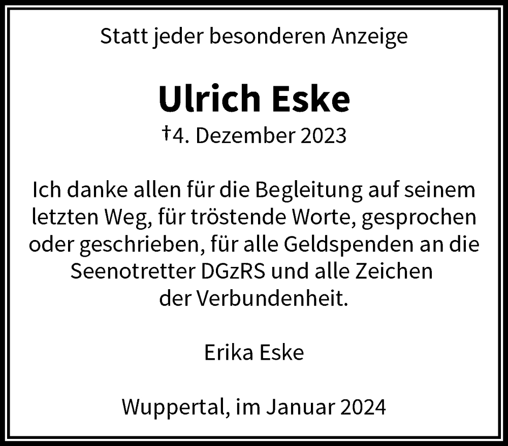  Traueranzeige für Ulrich Eske vom 27.01.2024 aus trauer.wuppertaler-rundschau.de