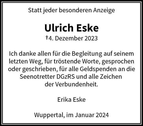 Traueranzeige von Ulrich Eske von trauer.wuppertaler-rundschau.de