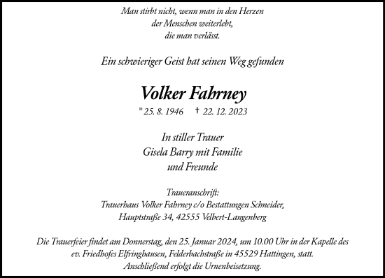 Traueranzeige von Volker Fahrney von trauer.wuppertaler-rundschau.de