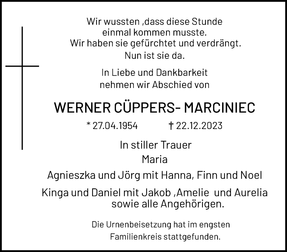  Traueranzeige für Werner Cüppers-Mariniec vom 07.01.2024 aus trauer.extra-tipp-moenchengladbach.de