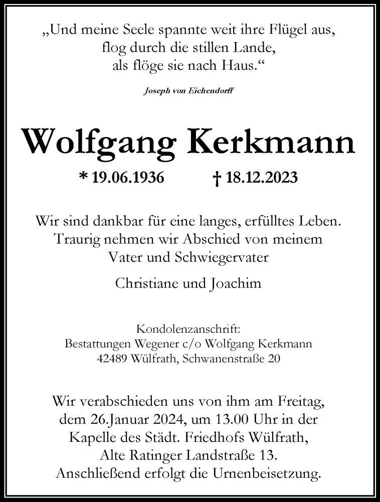  Traueranzeige für Wolfgang Kerkmann vom 20.01.2024 aus trauer.wuppertaler-rundschau.de