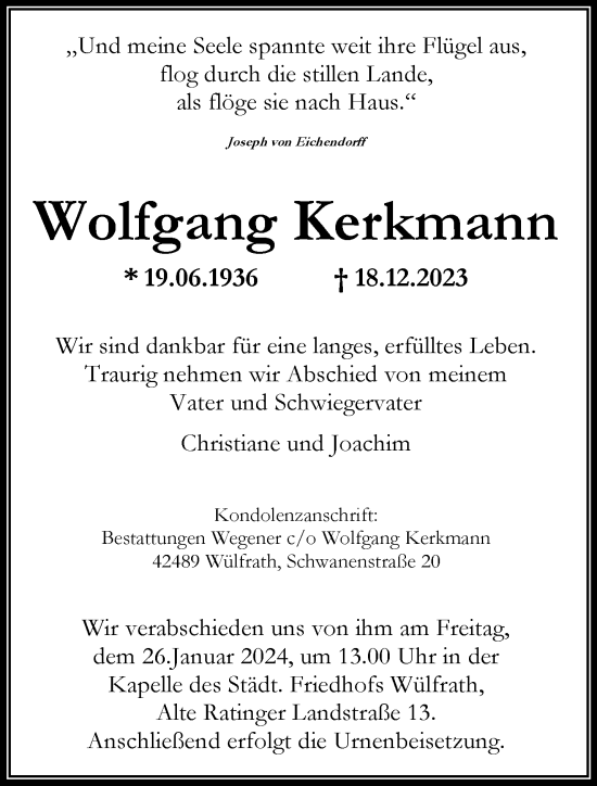 Traueranzeige von Wolfgang Kerkmann von trauer.wuppertaler-rundschau.de