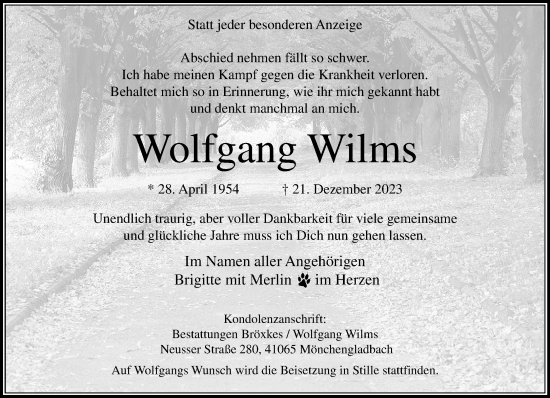 Traueranzeige von Wolfgang Wilms von trauer.extra-tipp-moenchengladbach.de
