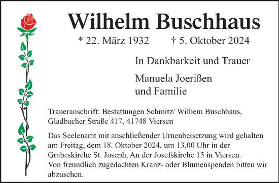 Traueranzeige von Wilhelm Buschhaus von trauer.extra-tipp-moenchengladbach.de