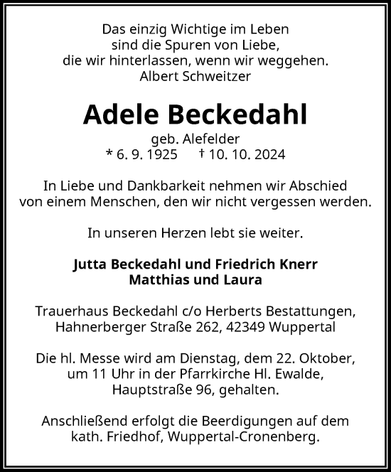 Traueranzeige von Adele Beckedahl von trauer.wuppertaler-rundschau.de