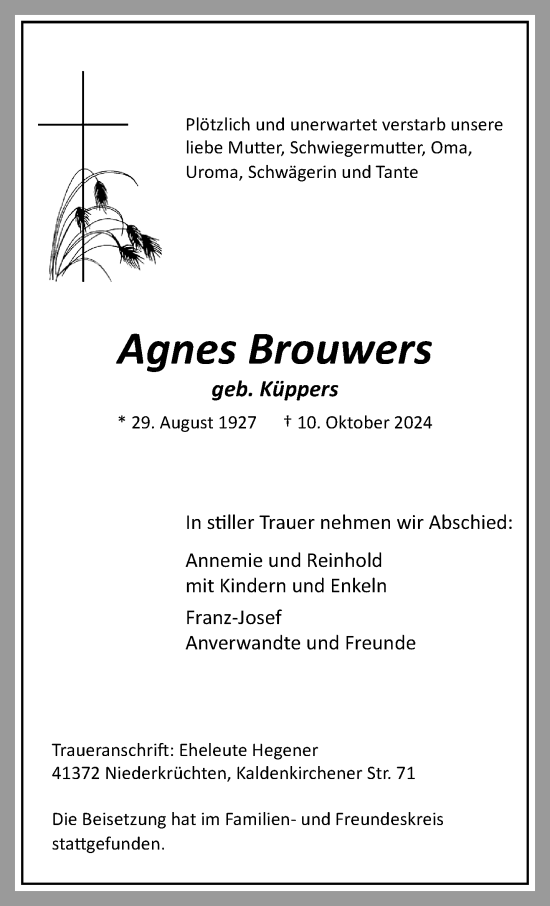 Traueranzeige von Agnes Brouwers von trauer.extra-tipp-moenchengladbach.de