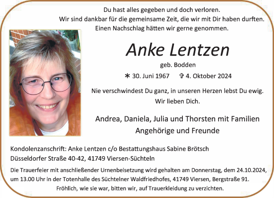 Traueranzeige von Anke Lentzen von trauer.extra-tipp-moenchengladbach.de