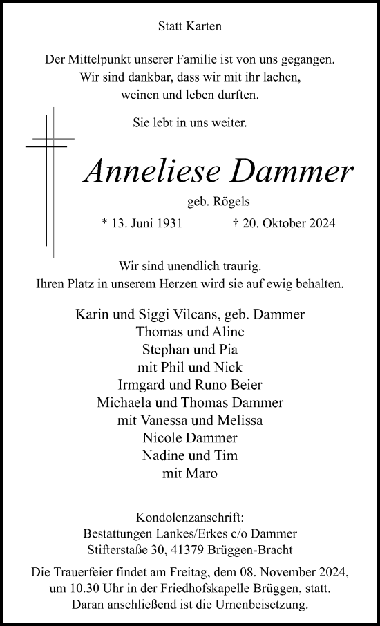 Traueranzeige von Anneliese Dammer von trauer.extra-tipp-moenchengladbach.de