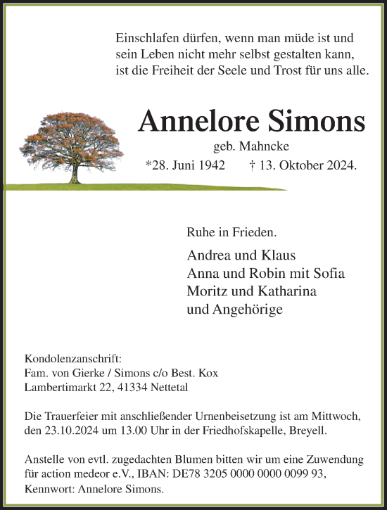 Traueranzeige von Annelore Simons von trauer.extra-tipp-moenchengladbach.de