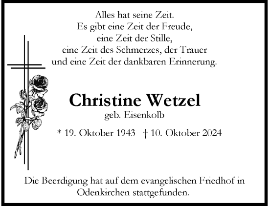 Traueranzeige von Christine Wetzel von trauer.extra-tipp-moenchengladbach.de