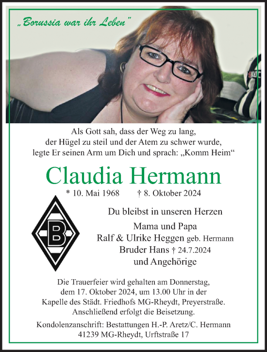 Traueranzeige von Claudia Hermann von trauer.extra-tipp-moenchengladbach.de