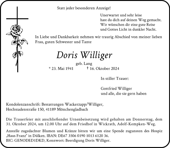 Traueranzeige von Doris Williger von trauer.extra-tipp-moenchengladbach.de