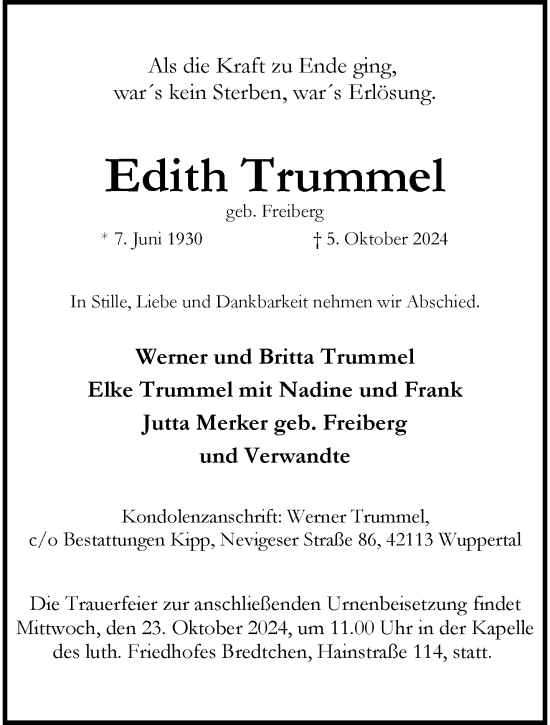 Traueranzeige von Edith Trummel von trauer.wuppertaler-rundschau.de